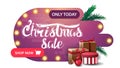 Only today, Christmas sale, pink discount banner in abstract shapes with light bulbs and presents isolated on white background Royalty Free Stock Photo