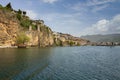 Landscape of Ohrid Lake overlooking the Old Town. Against a beautiful cloudy sky. Northern Macedonia. Royalty Free Stock Photo