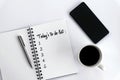 Today`s to do list with text numbers on blank notebook, pen, cup of coffee and phone on the white table background. Royalty Free Stock Photo