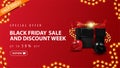 Only today, Special offer, Black Friday Sale and discount week, up to 50% off, red discount banner with present box and garland
