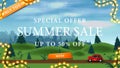 Only today, special offer, summer sale, up to 50% off. Discount banner with summer landscape on background