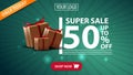 Only today, super sale, up to 50% off, horizontal green discount banner with gift box