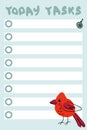 Today tasks xmas checklist template with cardinal bird. Christmas panner for paper, stationery. Vector illustration