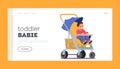 Toddler Baby Landing Page Template. Child Boy Sit in Stroller. Baby Carriage for Walk on Street Vector Illustration