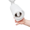 Toddler baby reaches for toilet paper, child s hand with hygiene produc Royalty Free Stock Photo