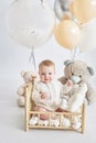 Toddler boy birthday. Child with balloons and toys. Happy Birthday! Celebration First year baby