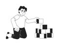 Toddler boy building pyramid cubes monochromatic flat vector character