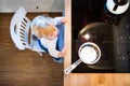 Toddler boy in dangerous situation at home. Child safety concept. Royalty Free Stock Photo