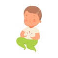 Little boy holds on to his stomach. Vector illustration on a white background.