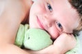 Toddler boy hugging toy Royalty Free Stock Photo