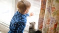 Little toddler boy opens dorr on street to domestic cat