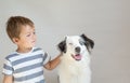 Toddler boy pet the australian shepherd dog indoor. Best friends consept. Royalty Free Stock Photo