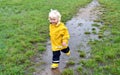 Toddler boy playing in a muddy puddle on a rainy day Royalty Free Stock Photo