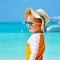 Toddler boy with sunglasses on beach Royalty Free Stock Photo