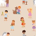 Toddler cartoon kids characters little pets friendship vector illustration seamless pattern Royalty Free Stock Photo