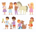 Toddler cartoon vector kids characters petting little pet in and cute kind child hold hug home pets animals lovely Royalty Free Stock Photo