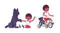 Toddler child, black little boy, play with dog, riding tricycle Royalty Free Stock Photo