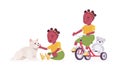 Toddler child, black little girl with cat pet, riding tricycle Royalty Free Stock Photo