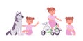 Toddler child, little girl riding tricycle, playing with pet dog