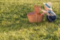 Toddler child outdoors. One year old baby boy wearing straw hat looking in picnic basket Royalty Free Stock Photo