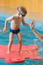 Toddler child trained to dive in indoor swimming pool