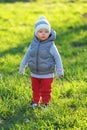 Toddler child in warm vest jacket outdoors. Baby boy at park. Royalty Free Stock Photo