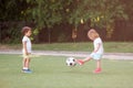 Toddler children, boy and girl, playing soccer together at football field. Little friends kicking ball in summer day outdoors Royalty Free Stock Photo