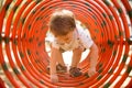 Toddler Climbing through Rings at the Playground