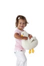 Toddler girl carrying a toy duck
