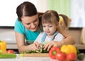 Toddler girl cooking with her mother