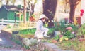 Toddler girl in a hat exploring her spring garden Royalty Free Stock Photo