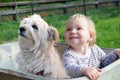 Little toddler girl and her dog sitting in a pushcart Royalty Free Stock Photo