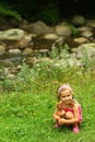 Toddler girl picking up wild flowers near the mountain river Royalty Free Stock Photo