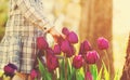 Toddler girl playing with tulips in her garden Royalty Free Stock Photo