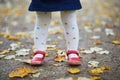 Toddler girl in red shoes and polka dot pantihose standing on fallen leaves in a fall day Royalty Free Stock Photo