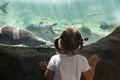 Toddler girl visiting a river aquarium