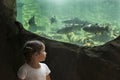 Toddler girl visiting a river aquarium