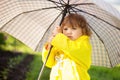 Toddler girl wearing yellow waterproof coat with chekered umbrel.