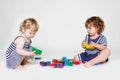 Toddler girls playing with building blocks Royalty Free Stock Photo