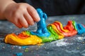 Toddler hand making a figurine with rainbow colored modeling clay on a gray surface Royalty Free Stock Photo