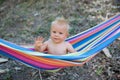 Toddler Happy child boy lying in a hammock in garden. Summer holidays concept. Child is resting in nature. Cute kid enjoy summer Royalty Free Stock Photo