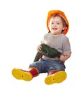 Toddler in hardhat with drill. Isolated over white Royalty Free Stock Photo