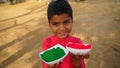 Toddler Indian kid holding two color bowl filled with organic color powder. Beautiful color dye for Holi festival Royalty Free Stock Photo