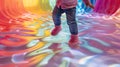 A toddler jumping on a quantum foam mattress causing a colorful display of ripples and patterns Royalty Free Stock Photo