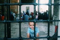 A toddler looks through a window