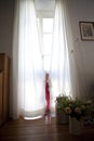 Toddler peeking out from behind curtains Royalty Free Stock Photo