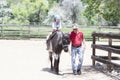 Toddler with a Safety Helmet on Goes on a Pony Ride at a Local Farm with his Horse Being Led Grandfather Royalty Free Stock Photo