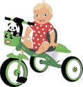 A toddler sits on a tricycle with his favorite panda toy in a basket.