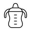 Toddler spout cup with twin handle. Linear icon of baby drinker. Black simple illustration of sippy bottle with scale. Contour