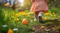 Toddler Steps Among Colorful Eggs During Easter Hunt